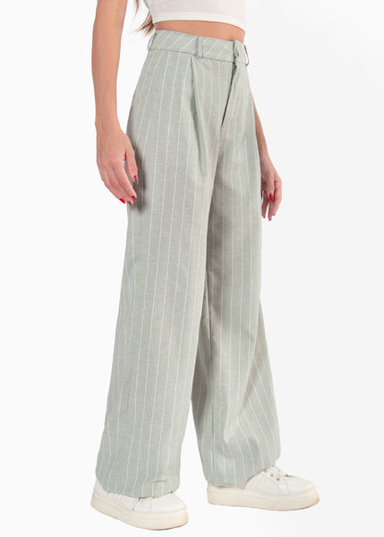 Pantalón ancho tipo sastre de lino y rayas color verde para mujer - Flashy