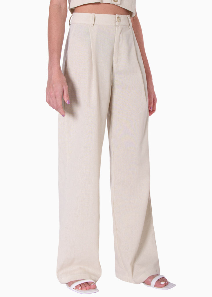 Pantalón tipo sastre ancho de lino de tiro alto con pinzas  para mujer - Flashy