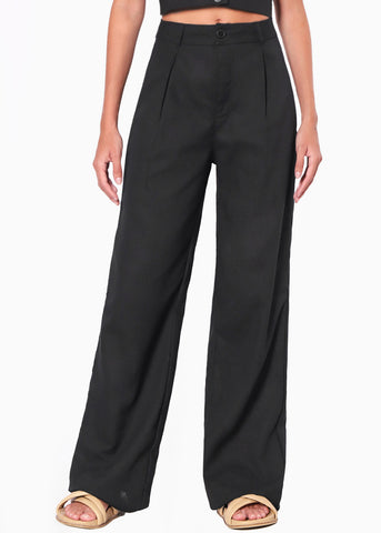 Pantalón ancho tipo sastre de lino y con pinzas color negro para mujer - Flashy