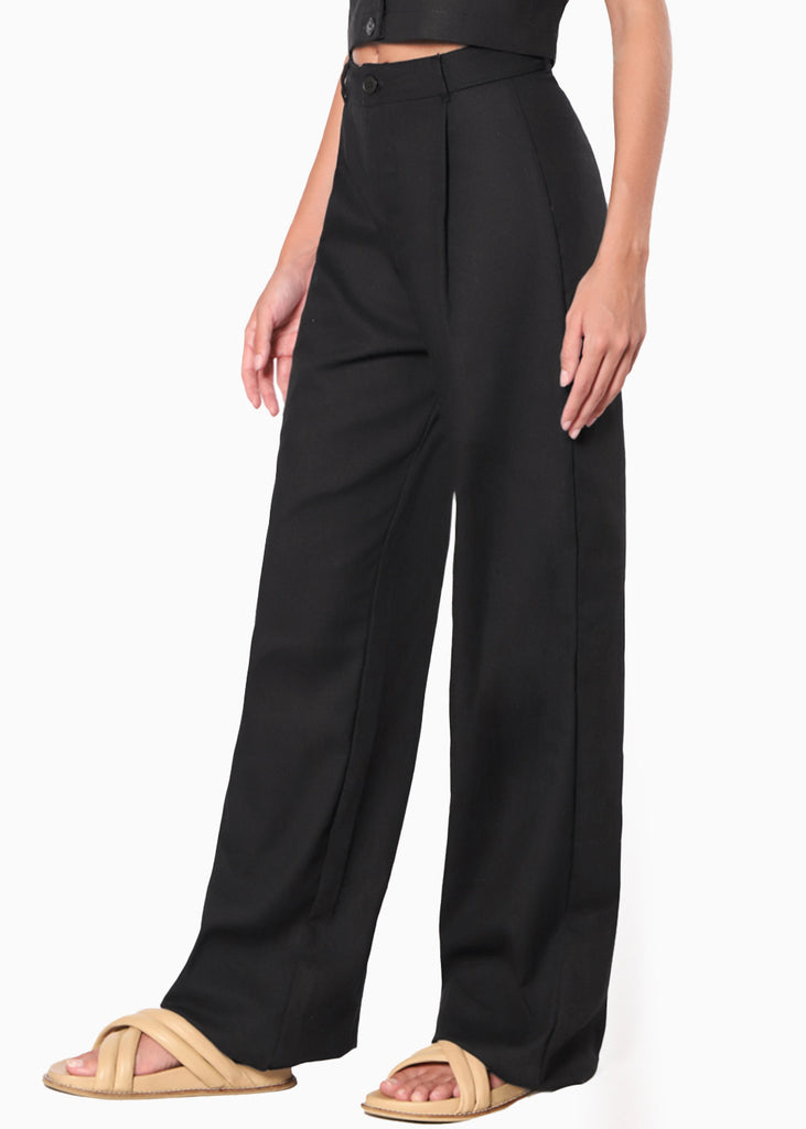 Pantalón ancho tipo sastre de lino y con pinzas color negro para mujer - Flashy