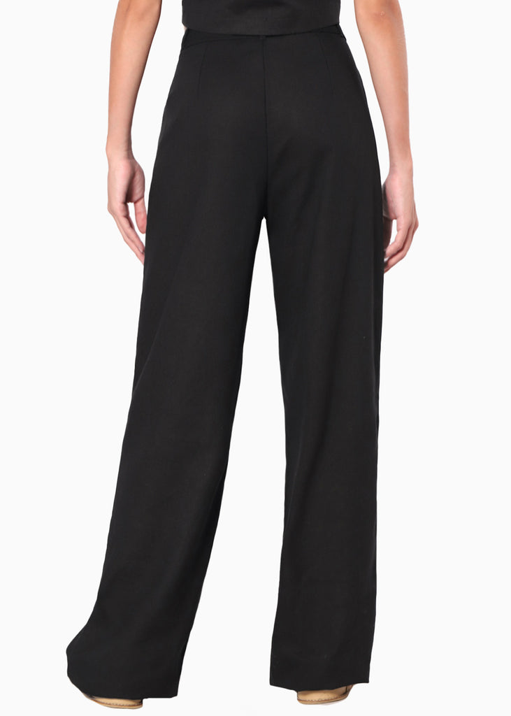Pantalón ancho tipo sastre de lino y con pinzas color negro para mujer - Flashy