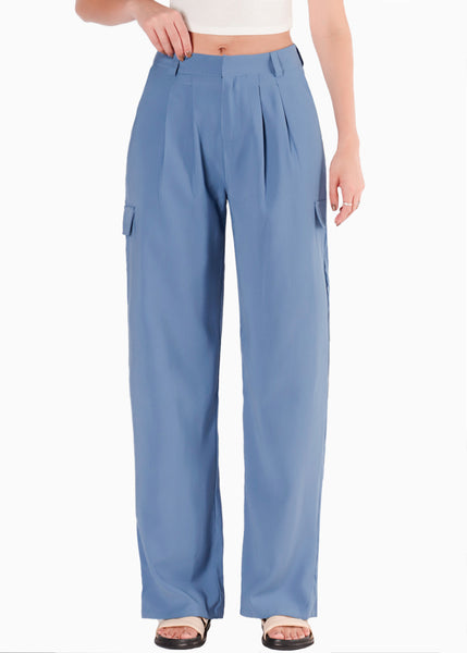 Pantalón con prenses y bolsillo tipo cargo color azul para mujer - Flashy