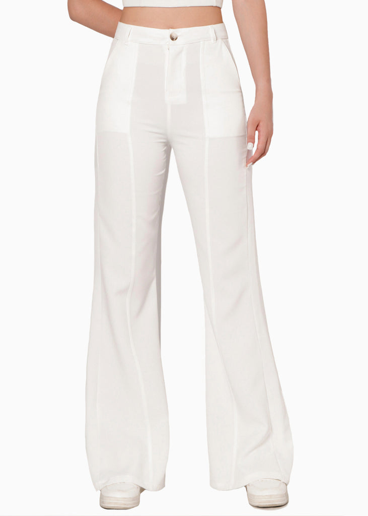 Pantalón flare de tiro alto con cortes color blanco, marfil para mujer - Flashy