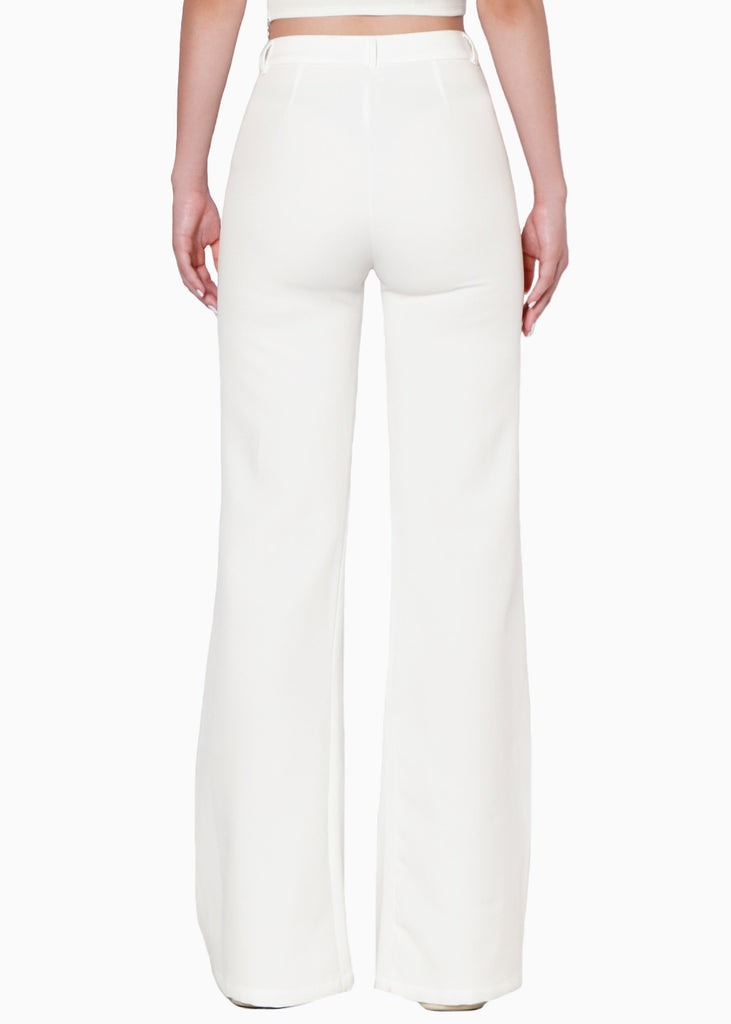 Pantalón flare de tiro alto con cortes color blanco, marfil para mujer - Flashy