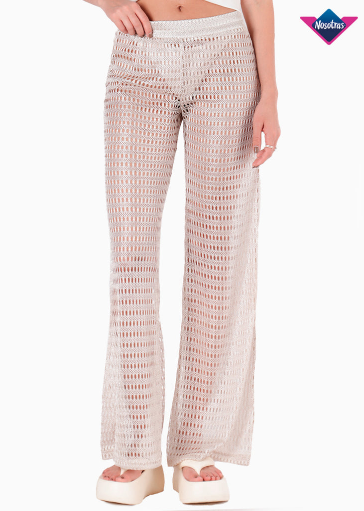 Pantalón flare marfil con elástico en cintura para mujer - Flashy