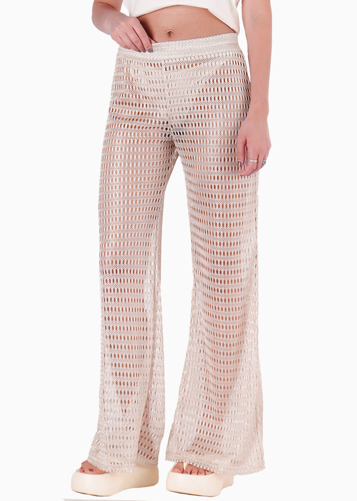Pantalón flare marfil con elástico en cintura para mujer - Flashy