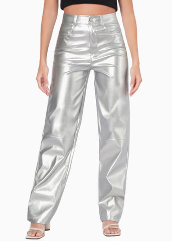 Pantalón recto con efecto metalizado y de tiro alto color plateado para mujer - Flashy