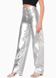 Pantalón recto con efecto metalizado y de tiro alto color plateado para mujer - Flashy