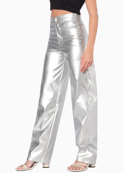 Pantalón recto con efecto metalizado y de tiro alto color plateado para mujer - Flashy