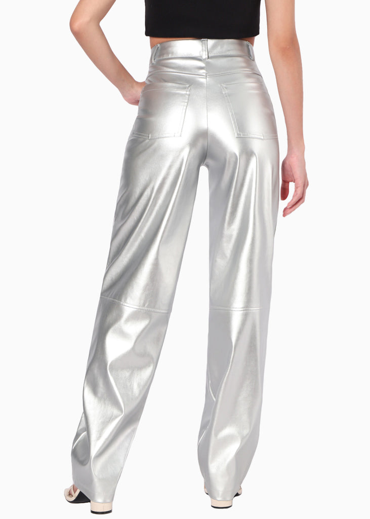 Pantalón recto con efecto metalizado y de tiro alto color plateado para mujer - Flashy