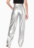 Pantalón recto con efecto metalizado y de tiro alto color plateado para mujer - Flashy