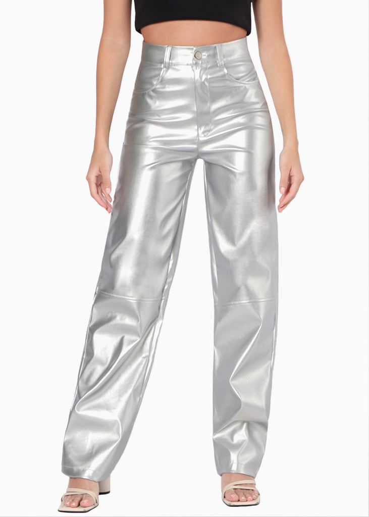 Pantalón recto con efecto metalizado y de tiro alto color plateado para mujer - Flashy