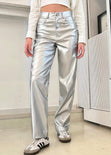 Pantalón recto con efecto metalizado y de tiro alto color plateado para mujer - Flashy