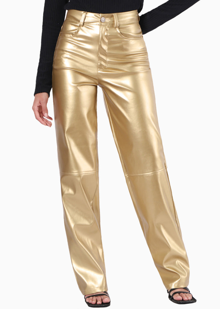 Pantalón recto con efecto metalizado y de tiro alto color dorado para mujer - Flashy