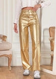 Pantalón recto con efecto metalizado y de tiro alto color dorado para mujer - Flashy