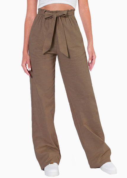 Pantalón recto con silueta paperbag y anudado color café para mujer - Flashy
