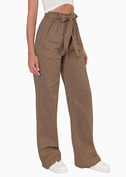 Pantalón recto con silueta paperbag y anudado color café para mujer - Flashy