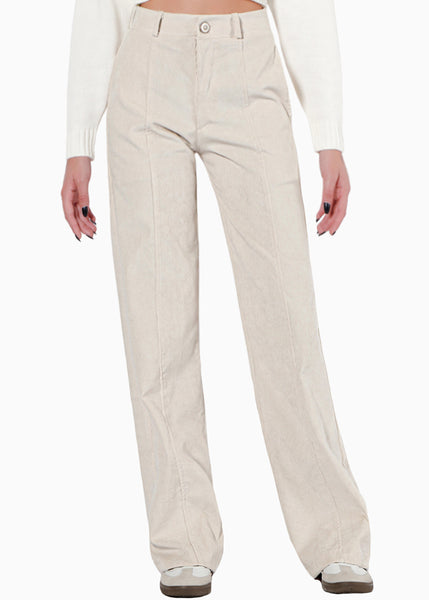 Pantalón recto de corduroy color beige para mujer - Flashy