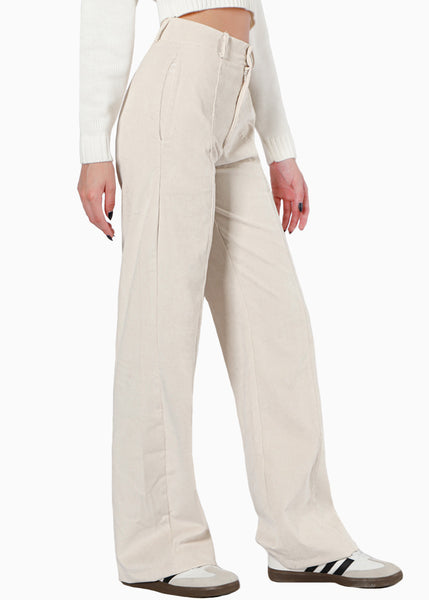 Pantalón recto de corduroy color beige para mujer - Flashy