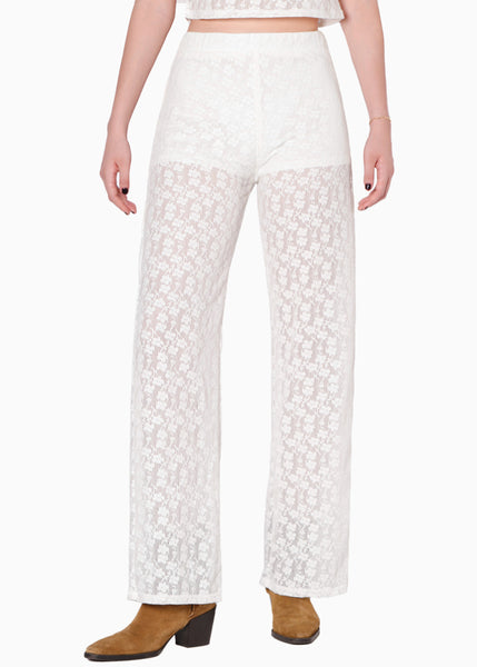 Pantalón recto de encaje y con elástico en cintura color blanco, marfil para mujer - Flashy