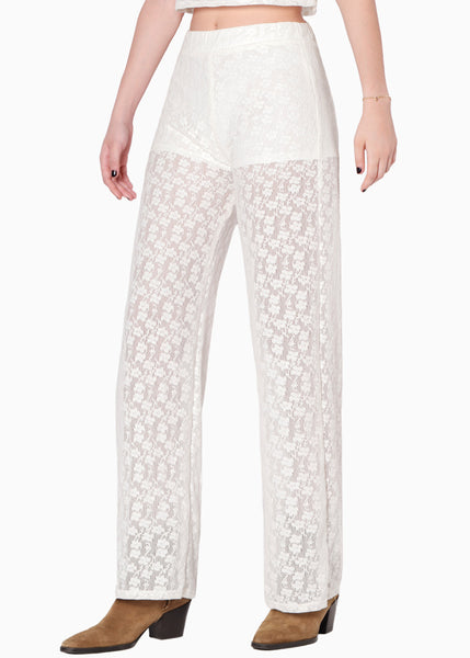 Pantalón recto de encaje y con elástico en cintura color blanco, marfil para mujer - Flashy