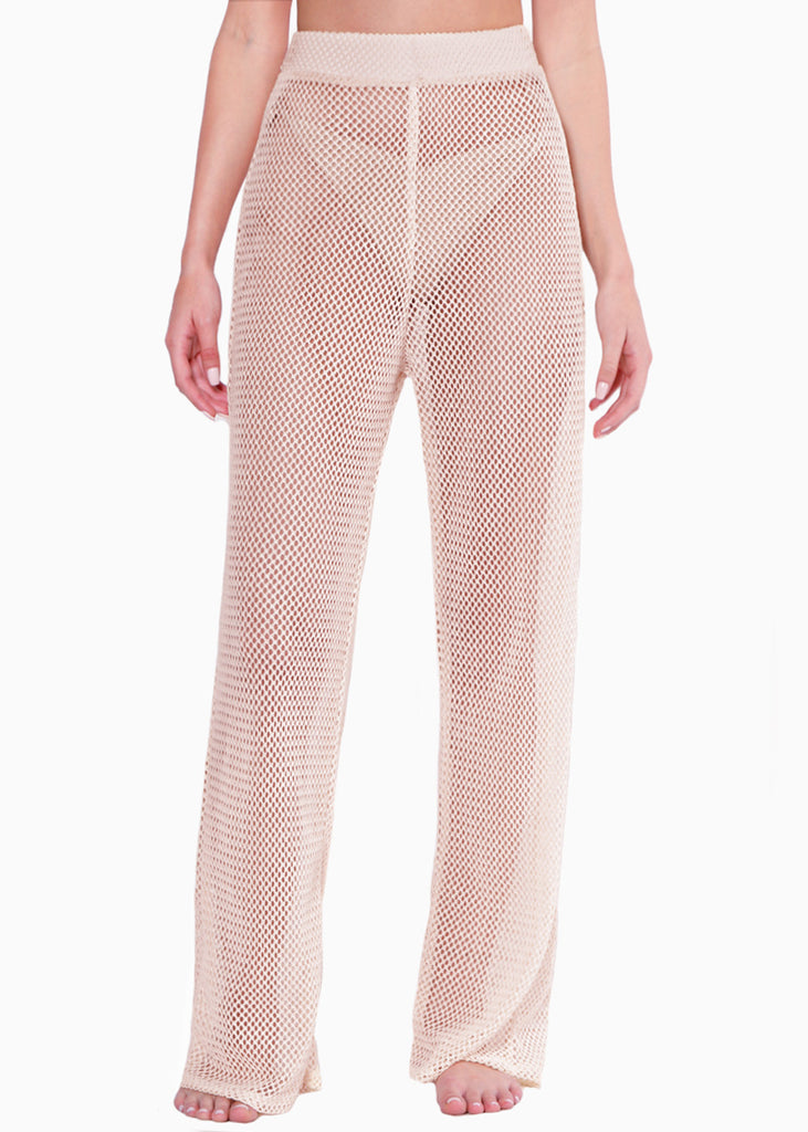 Pantalón recto de malla y con elástico en cintura color beige para mujer - Flashy