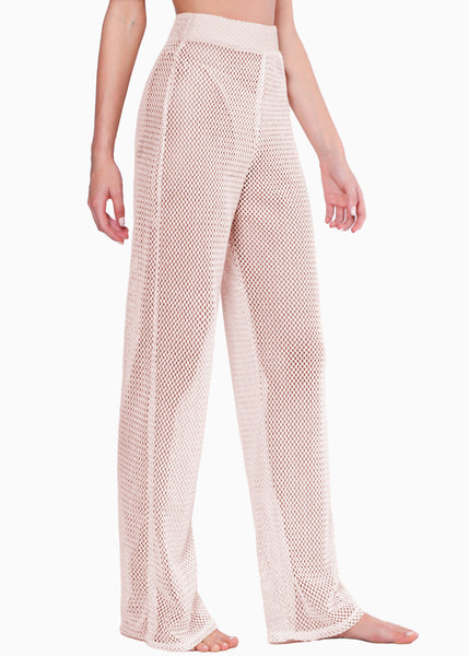 Pantalón recto de malla y con elástico en cintura color beige para mujer - Flashy
