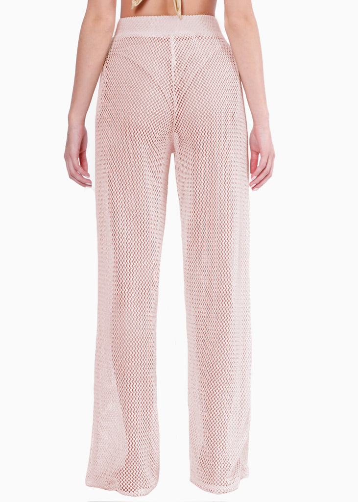 Pantalón recto de malla y con elástico en cintura color beige para mujer - Flashy