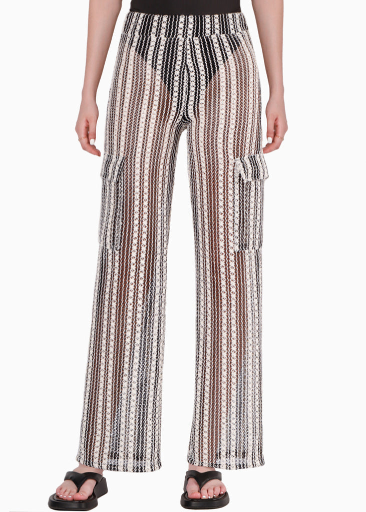 Pantalón recto de tela tipo crochet y con elástico en cintura color negro para mujer - Flashy