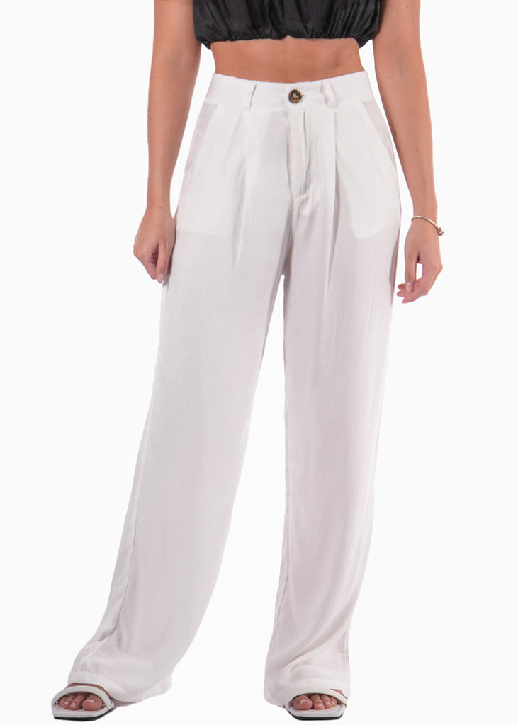 Pantalón playero recto de tiro alto color blanco para mujer - Flashy