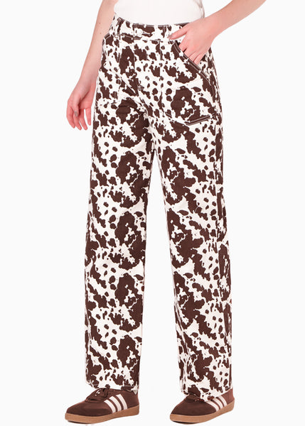 Pantalón recto de tiro medio estampado color blanco, marfil para mujer - Flashy