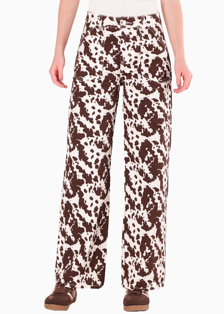 Pantalón recto de tiro medio estampado color blanco, marfil para mujer - Flashy
