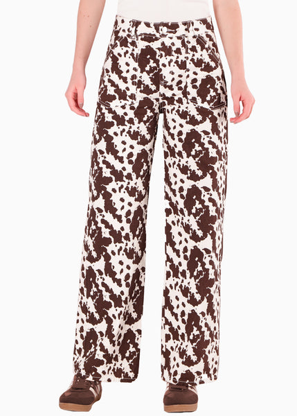 Pantalón recto de tiro medio estampado color blanco, marfil para mujer - Flashy