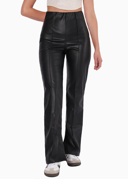 Pantalón recto tipo cuero de tiro alto color negro para mujer - Flashy