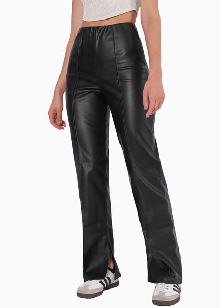 Pantalón recto tipo cuero de tiro alto color negro para mujer - Flashy