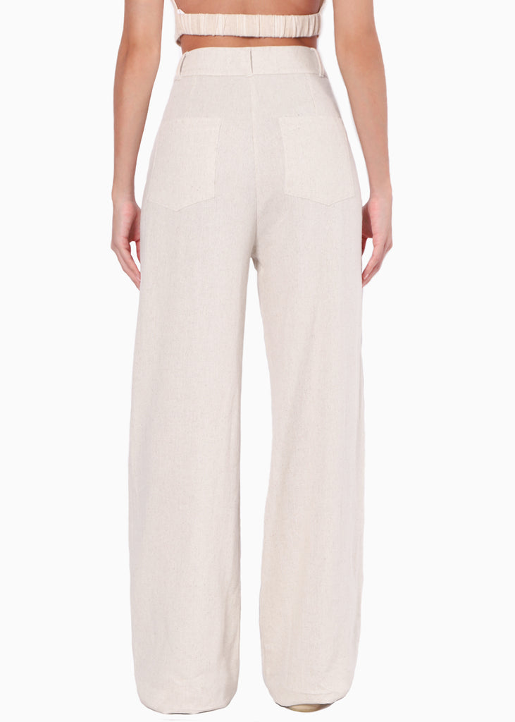 Pantalón recto tipo lino con tiro alto y bolsillos color beige para mujer - Flashy