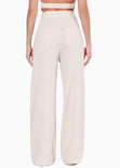 Pantalón recto tipo lino con tiro alto y bolsillos color beige para mujer - Flashy