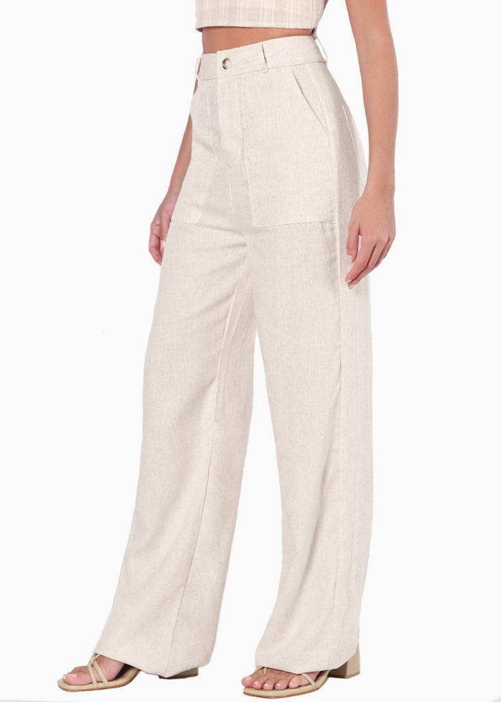 Pantalón recto tipo lino con tiro alto y bolsillos color beige para mujer - Flashy