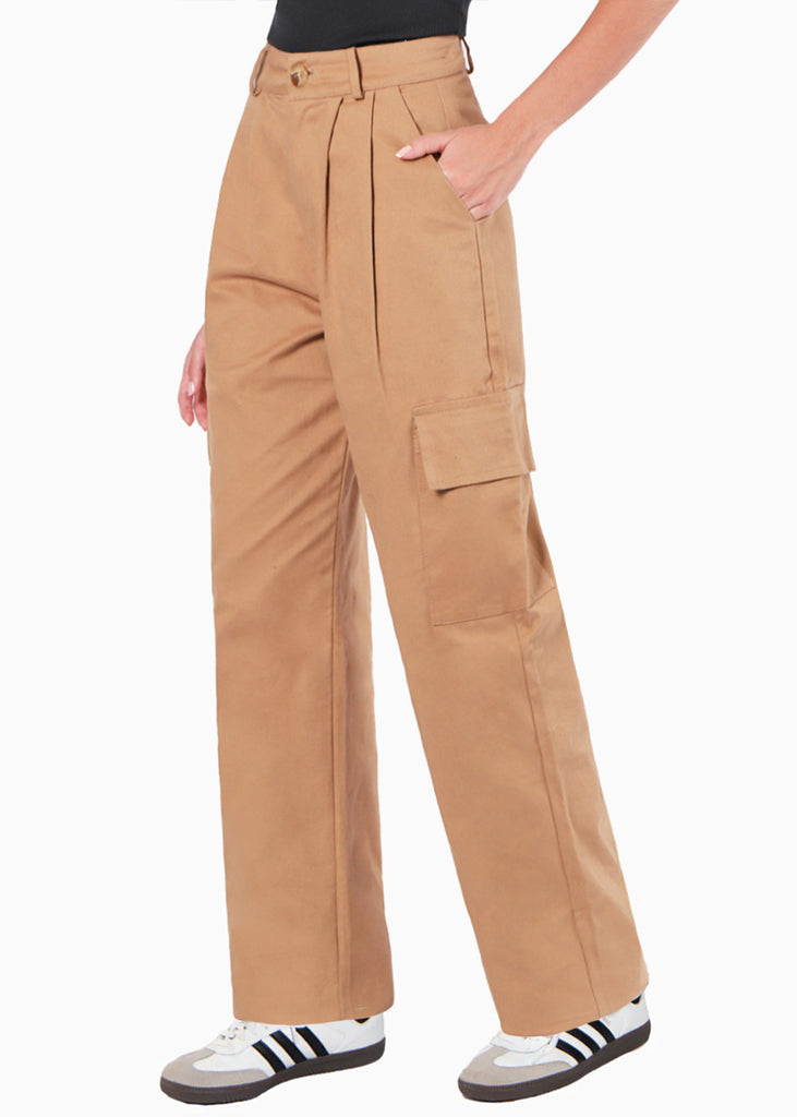 Pantalón recto tipo cargo color café para mujer - Flashy