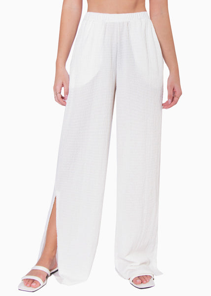 Pantalón recto tiro alto con elástico en cintura color marfil para mujer - Flashy