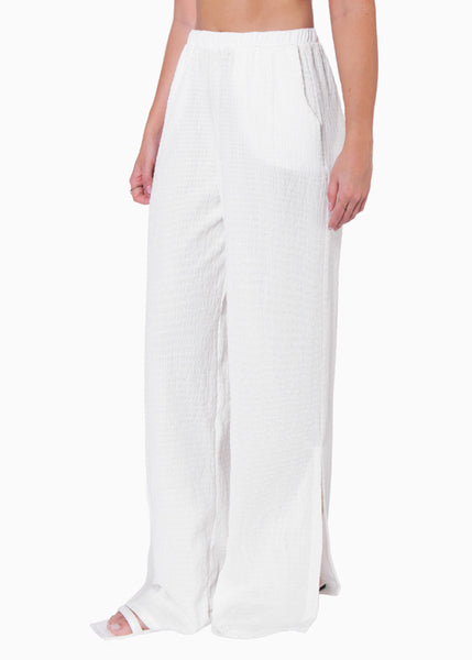 Pantalón recto tiro alto con elástico en cintura color marfil para mujer - Flashy
