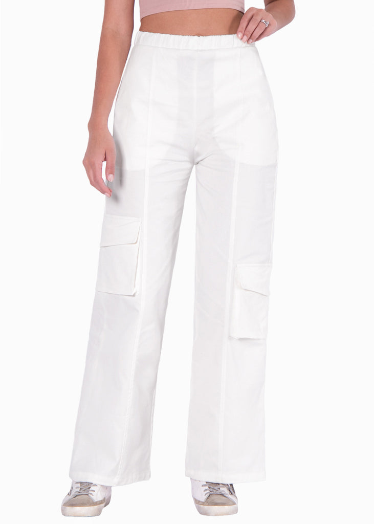 Pantalón tipo cargo con elástico y bolsillos laterales color marfil para mujer - Flashy