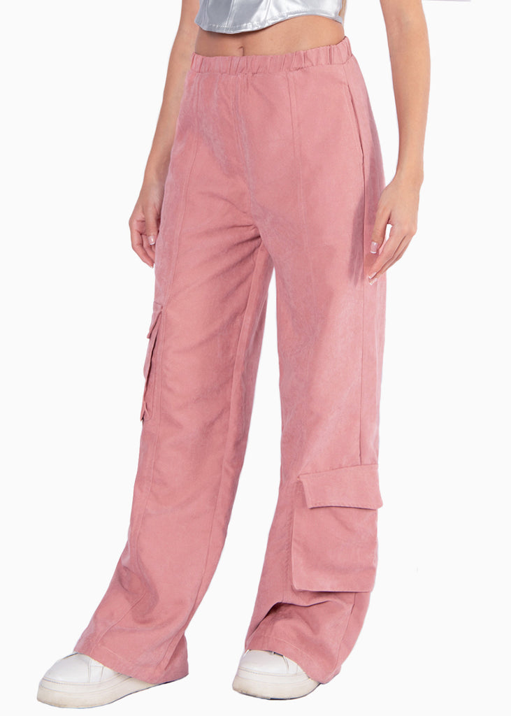 Pantalón tipo cargo con elástico y bolsillos laterales color rosado para mujer - Flashy