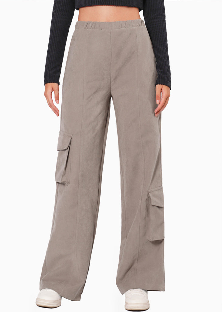 Pantalón tipo cargo con elástico y bolsillos laterales color gris para mujer - Flashy
