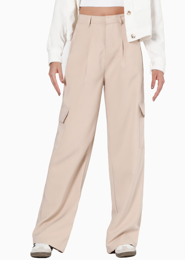 Pantalón tipo cargo de tiro alto y wide leg color beige para mujer - Flashy