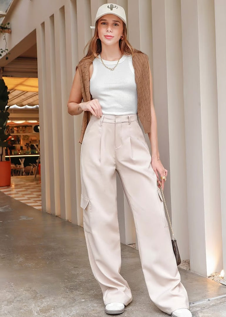 Pantalón tipo cargo de tiro alto y wide leg color beige para mujer - Flashy