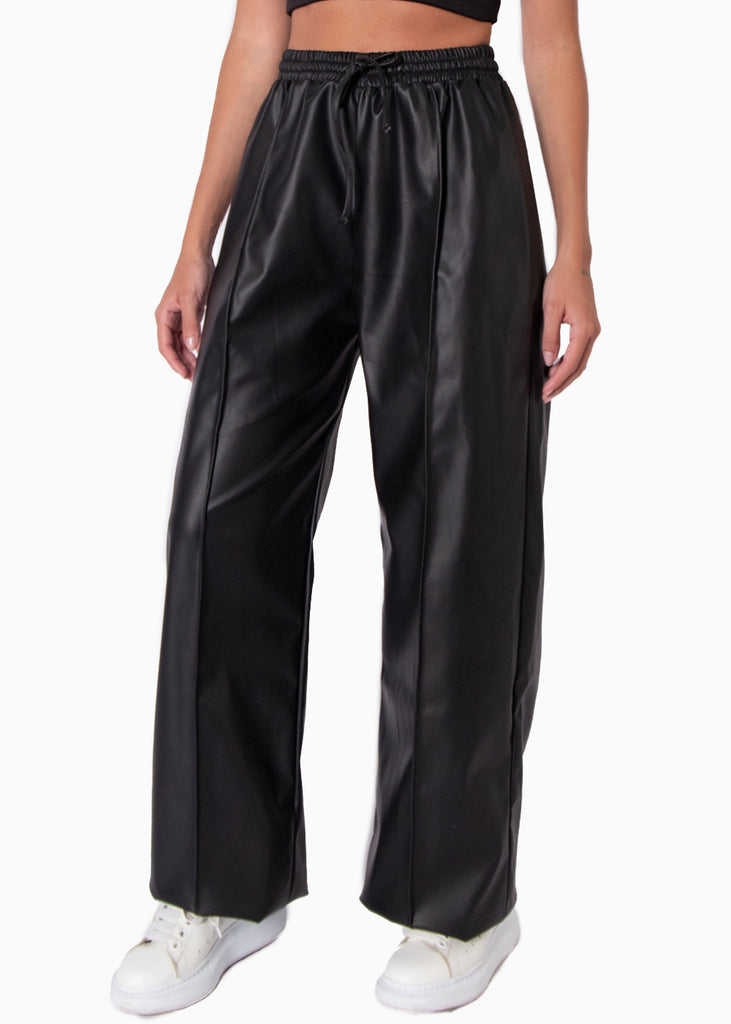 Pantalón tipo cuero recto con elástico en cintura color negro para mujer - Flashy