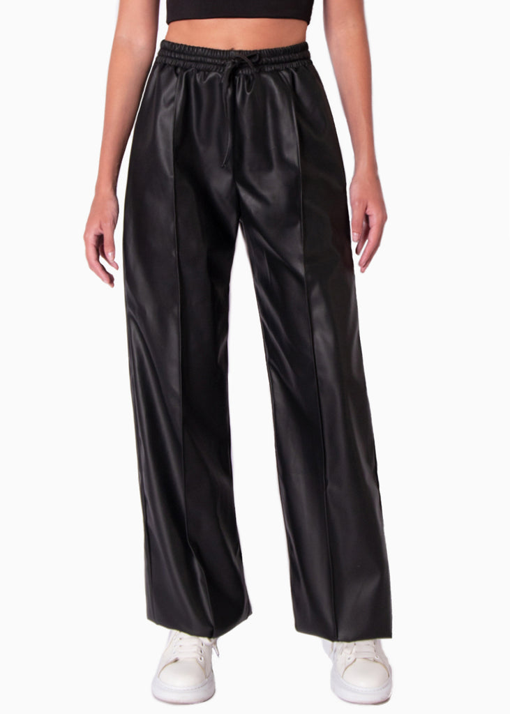 Pantalón tipo cuero recto con elástico en cintura color negro para mujer - Flashy