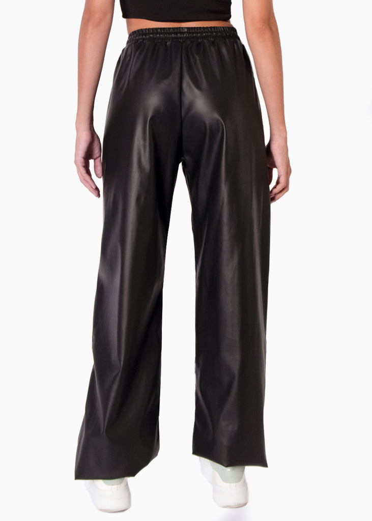 Pantalón tipo cuero recto con elástico en cintura color negro para mujer - Flashy