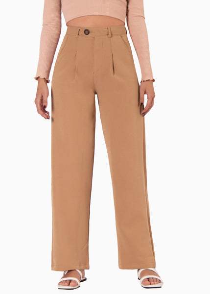 Pantalón tiro alto wide leg color café para mujer - Flashy